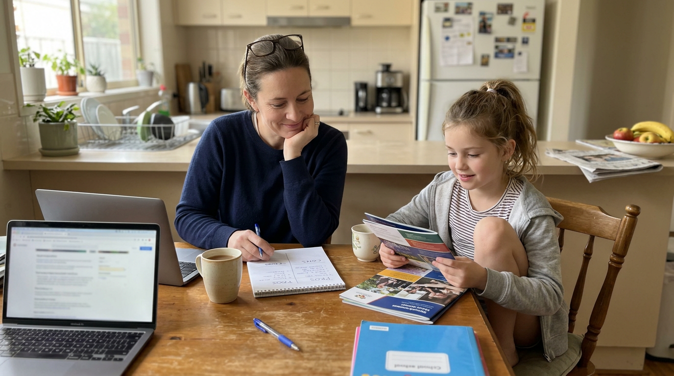 An American parent and her elementary-school-aged daughter sitting at the kitchen table, quietly weighing up school options together with brochures and a notepad.