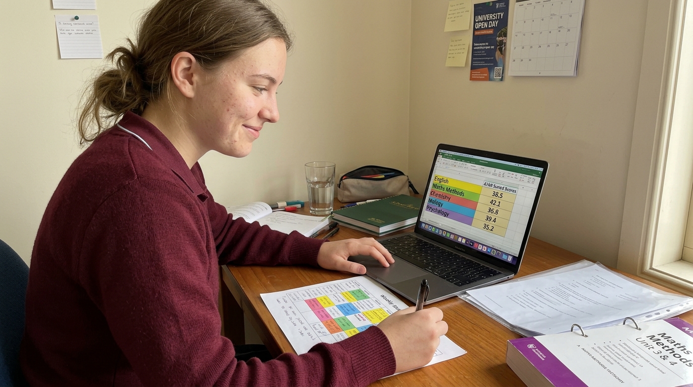 Year 12 student tracking subject scaled scores in a spreadsheet at their study desk to estimate their ATAR aggregate.