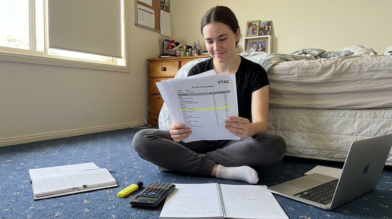 Year 12 student reviewing a printed VTAC scaling report on their bedroom floor, highlighting how subject scaling shifts their aggregate.