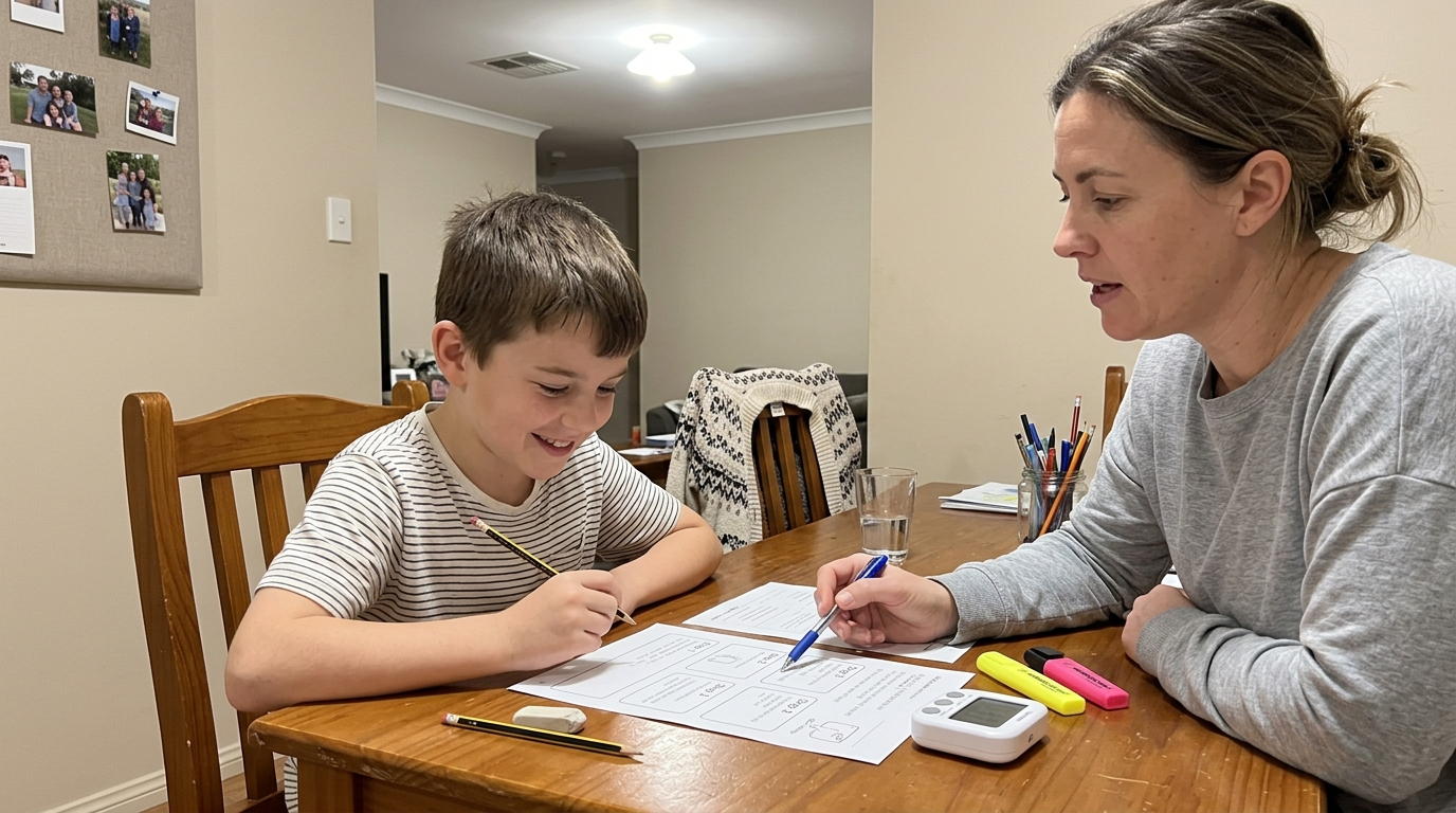 A tutor and primary-school child working through a worksheet broken into short numbered steps with a kitchen timer alongside