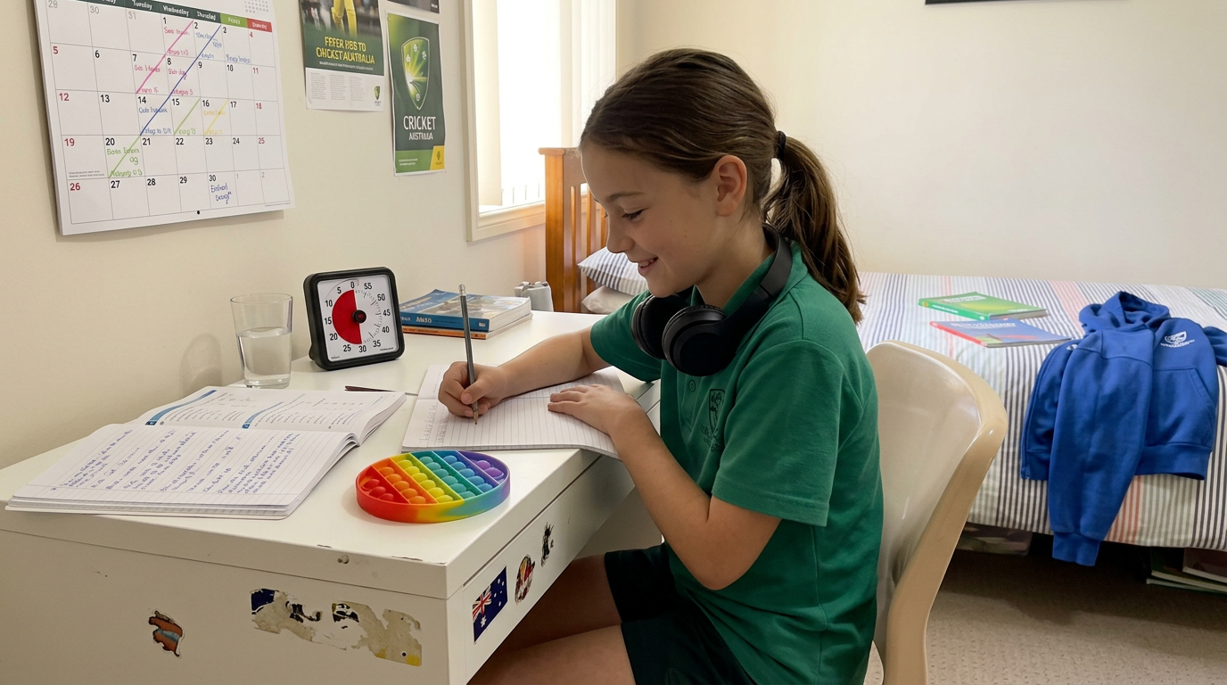 A child working at a tidy bedroom desk with a visual countdown timer, a fidget toy, headphones around her neck and an open exercise book