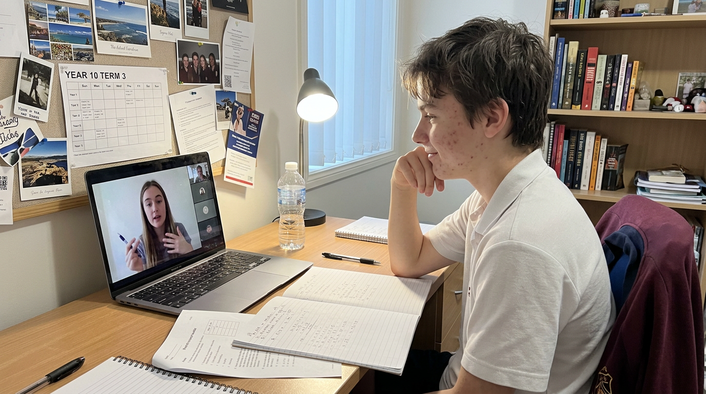 High school student listening to a tutor giving feedback on a video call from a bedroom desk, with an open notebook of working in front of them