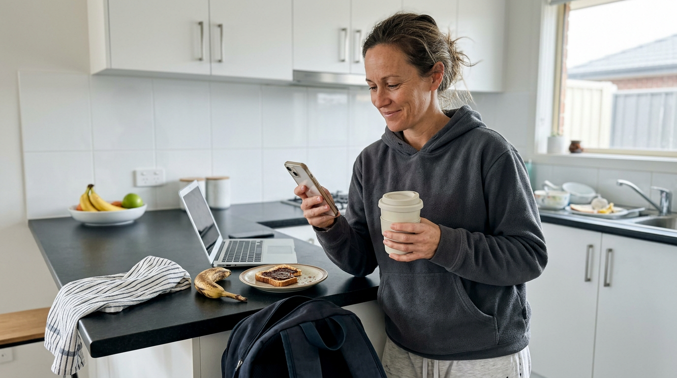 Parent reading a tutor's session-recap email on their phone with morning coffee at a kitchen island