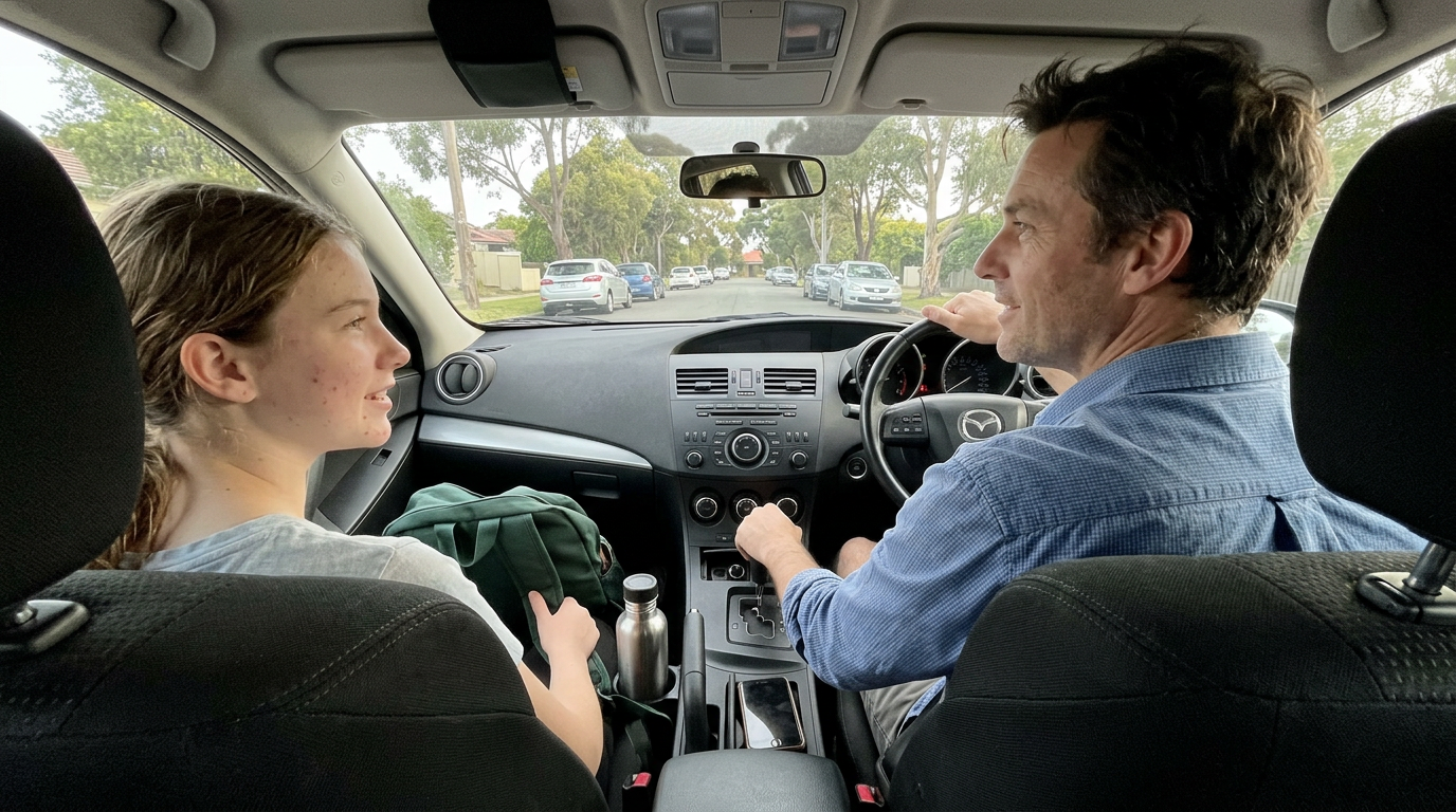 A parent and teenager in the front seats of a car after school pickup, both looking forward through the windscreen, mid-conversation with relaxed posture