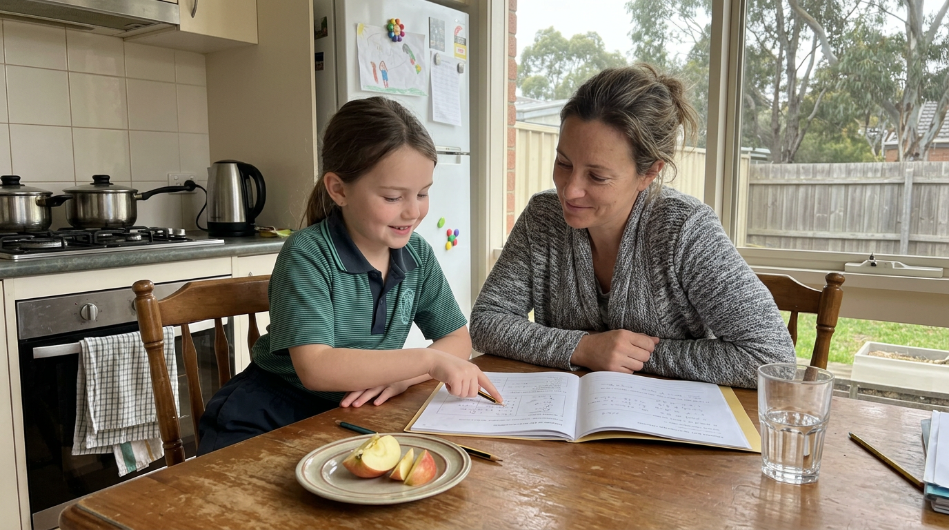 A parent and primary-aged child sitting at a kitchen table after school, both eyes on a piece of school work, parent listening with quiet attention