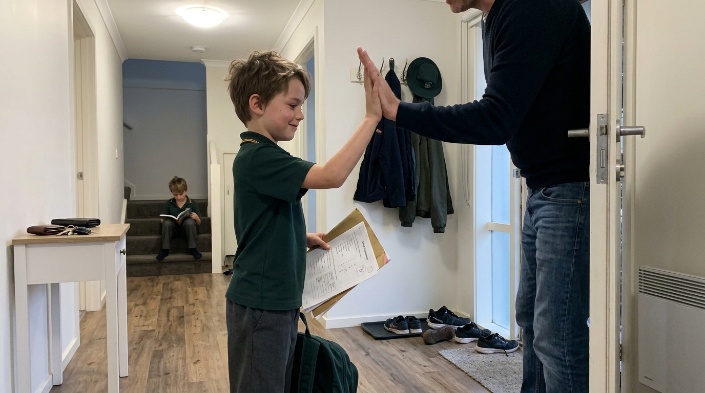Parent and child sharing a celebratory high-five at the front door — a small genuine moment of acknowledgement