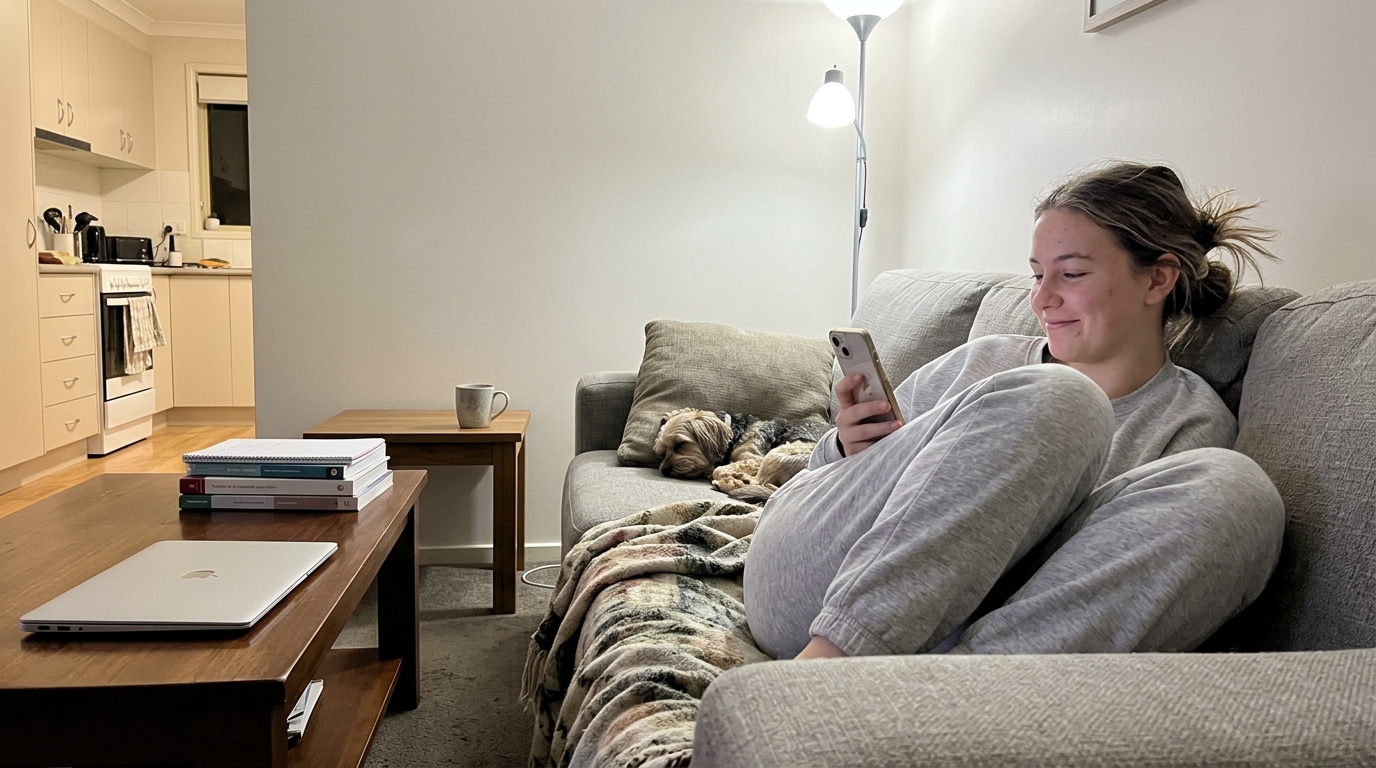 Teenager curled up on the couch enjoying earned screen-time — a non-material reward that respects the autonomy older kids need