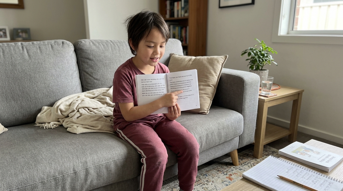 Primary student reading aloud from a bilingual book in their lounge room