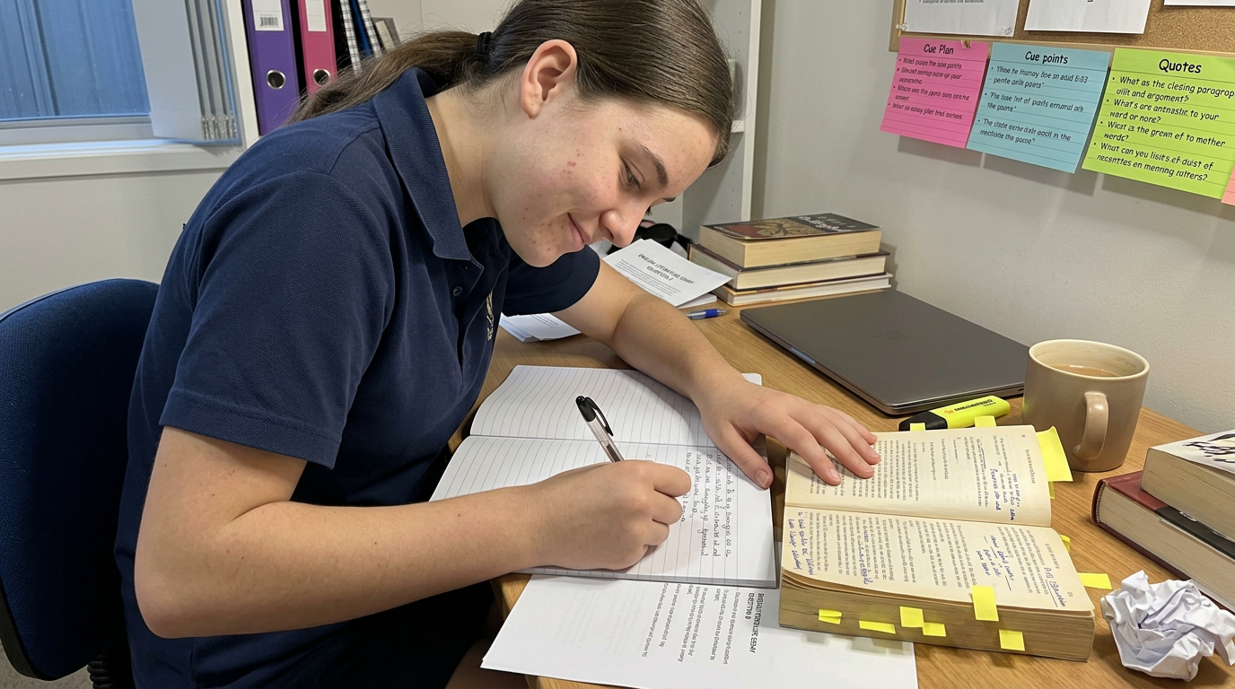 High school student writing an English literature essay at home with an annotated novel