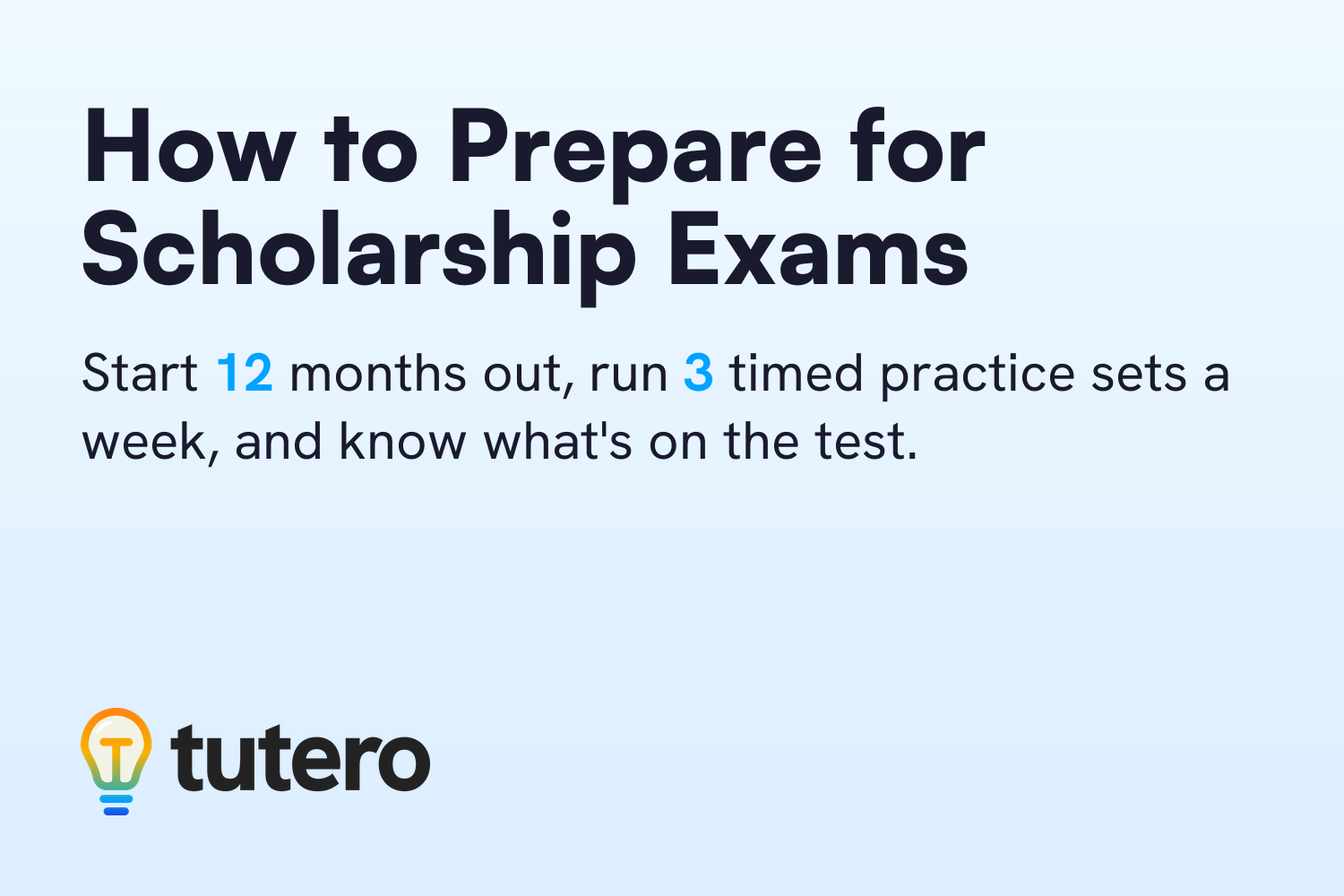 Cover card: How to Prepare for Scholarship Exams — start 12 months out, run 3 timed practice sets a week, and know what's on the test.