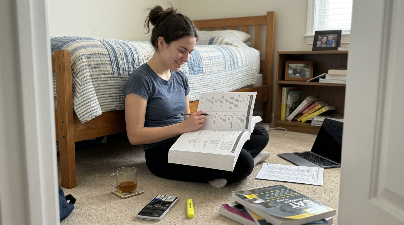 A senior high-school student sitting cross-legged against their bed working through an SAT and AP review-textbook practice section, calculator and answer sheet on the carpet beside them.
