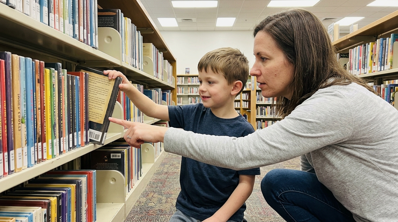 A parent and an elementary school child picking a chapter book off a public library shelf together