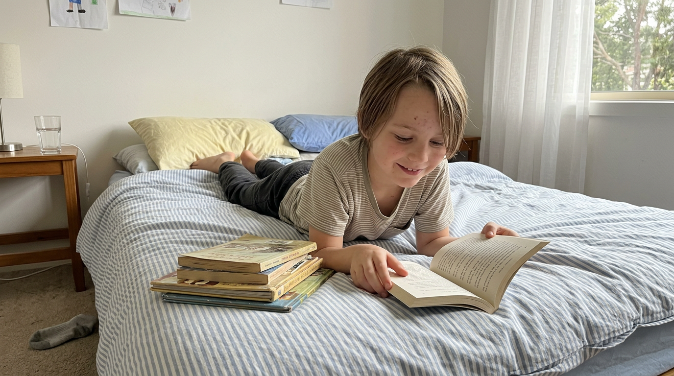An elementary school child lying on their bed reading a chapter book with a stack of picture books beside them