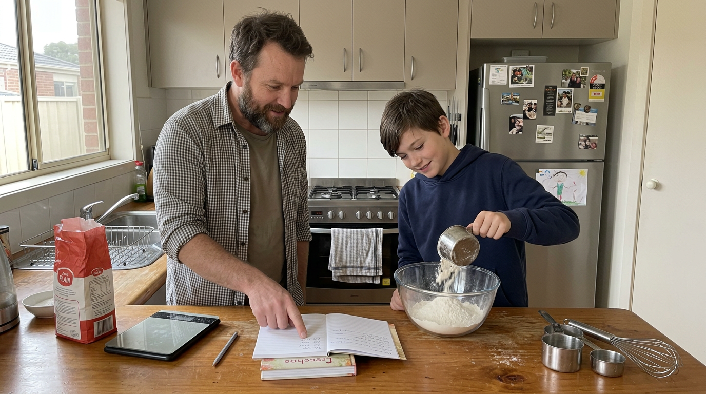 American parent and middle-school child measuring ingredients in a kitchen for fractions and ratios practice