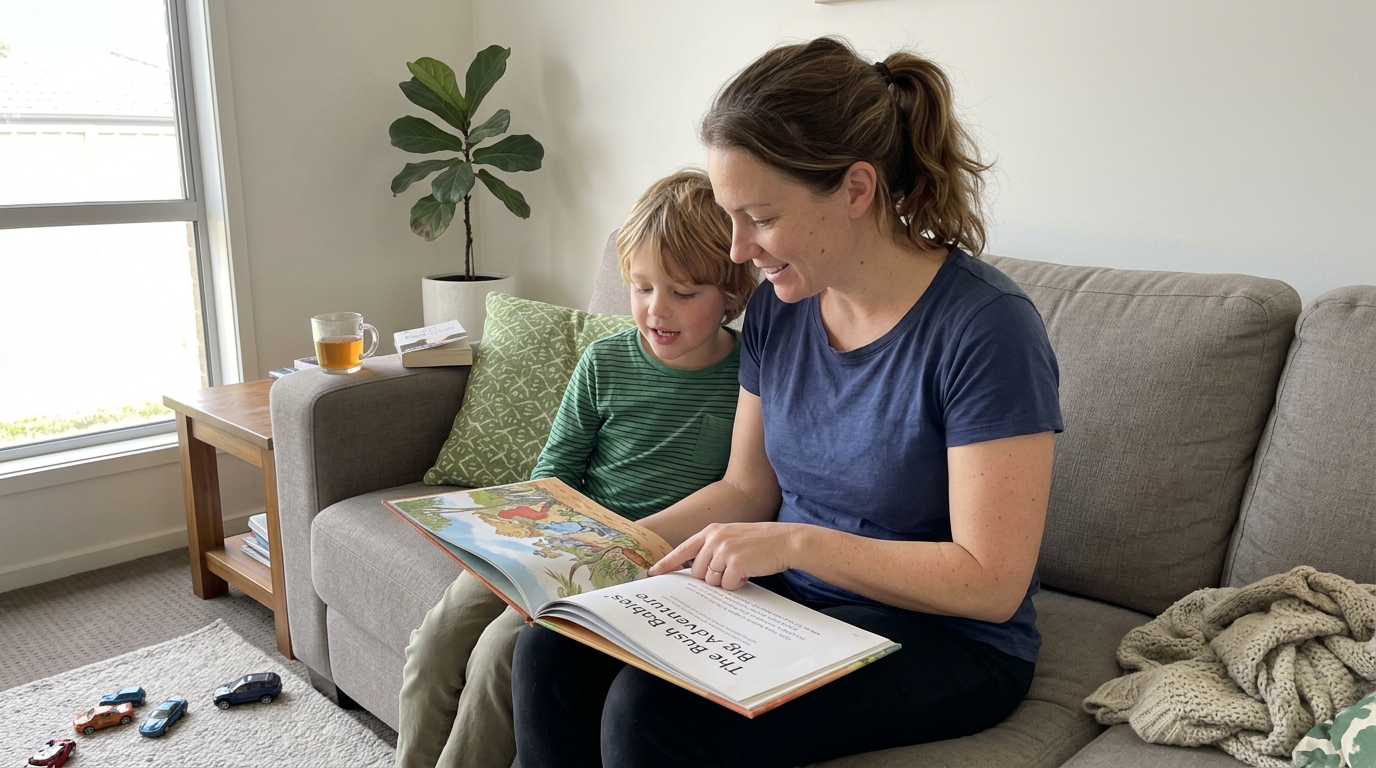 American parent reading a picture book aloud with elementary-aged child on a living-room couch on a Saturday morning