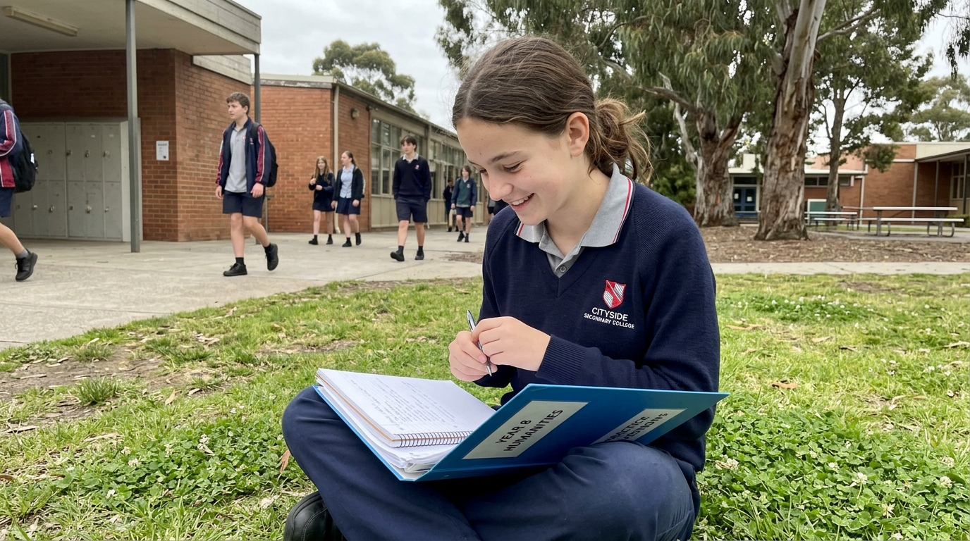 A Year 8 Melbourne student in school uniform sitting on the lawn with practice notes between classes