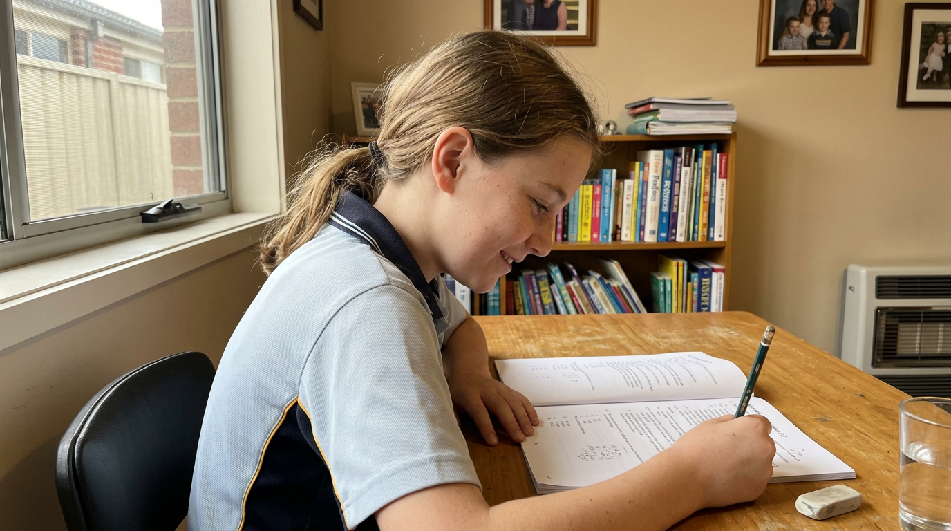 A Year 6 Melbourne student working through an ACER scholarship-test practice booklet at a home desk
