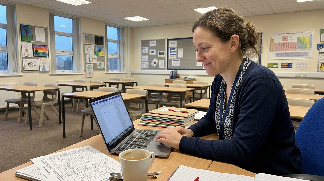 Teacher building an AI-assisted lesson at her classroom desk after school