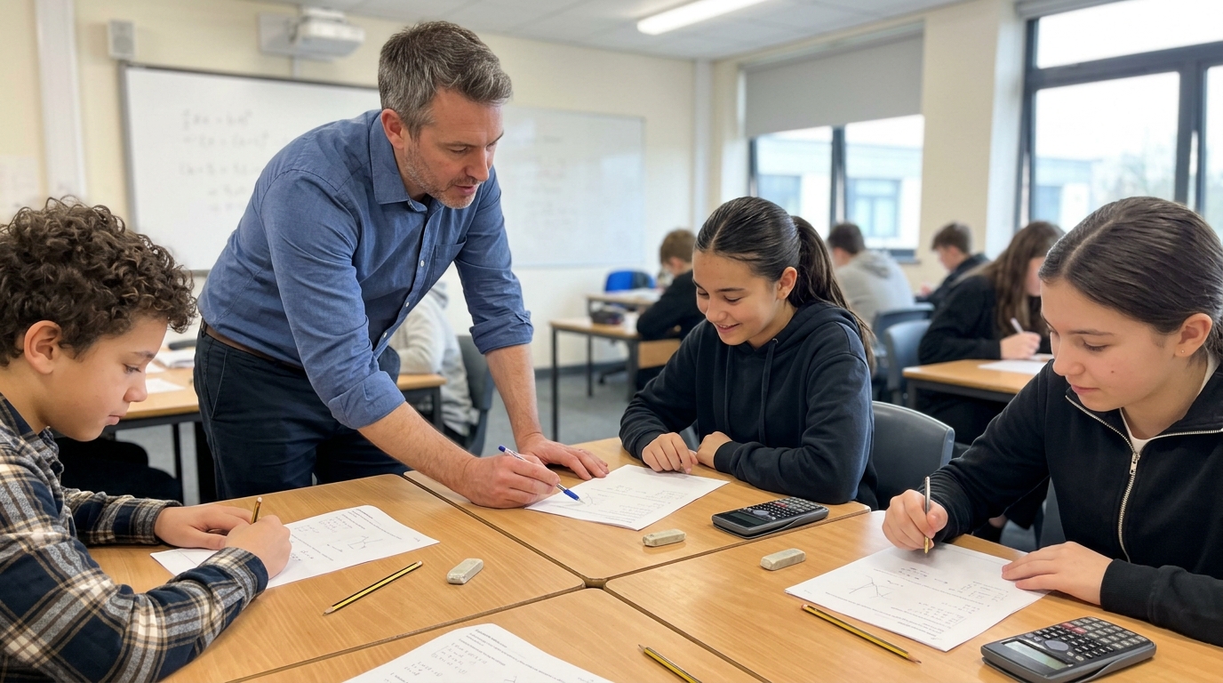 Secondary teacher running personalised AI-generated worksheets with a small group of students