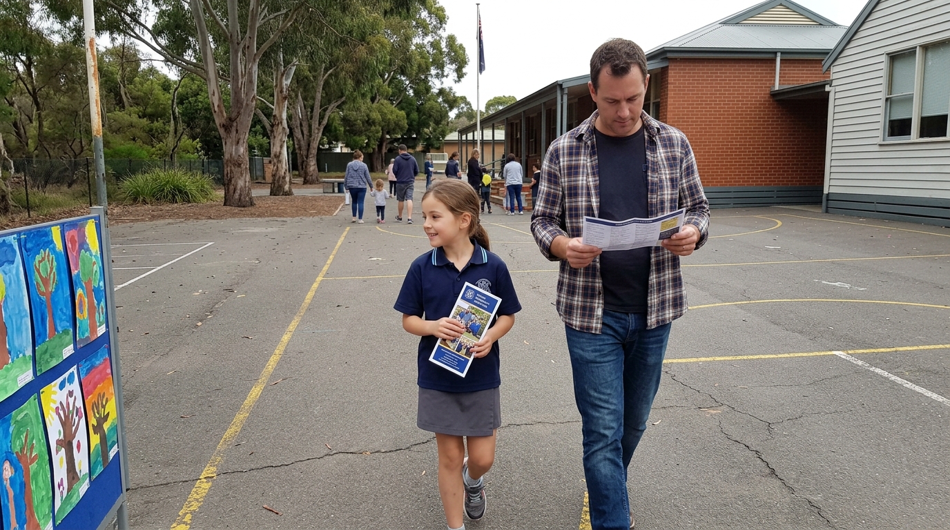 Parent and primary-aged child arriving at a Melbourne state school on a Saturday open day.