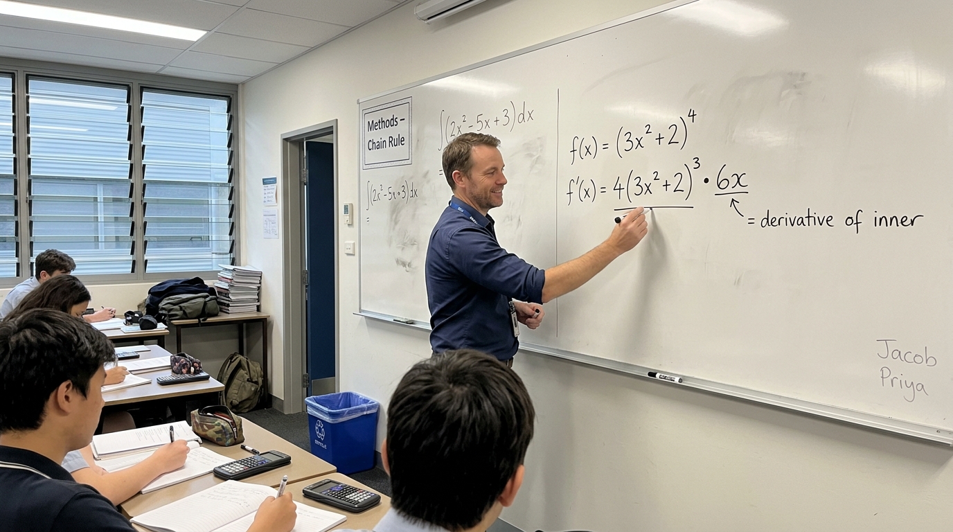Australian senior secondary maths teacher at the whiteboard working through a Year 11 Methods chain-rule differentiation example.