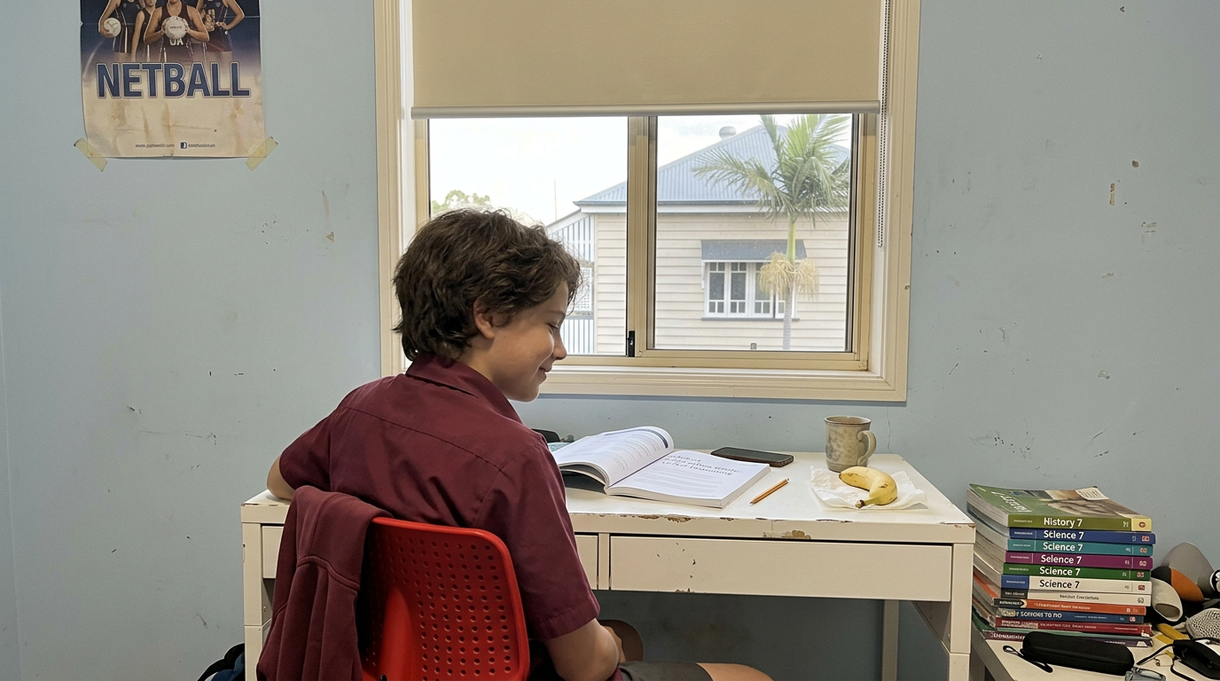 Year 8 Brisbane student at a bedroom study desk with an Edutest selective-entry guide open, leaning back after solving a verbal-reasoning problem
