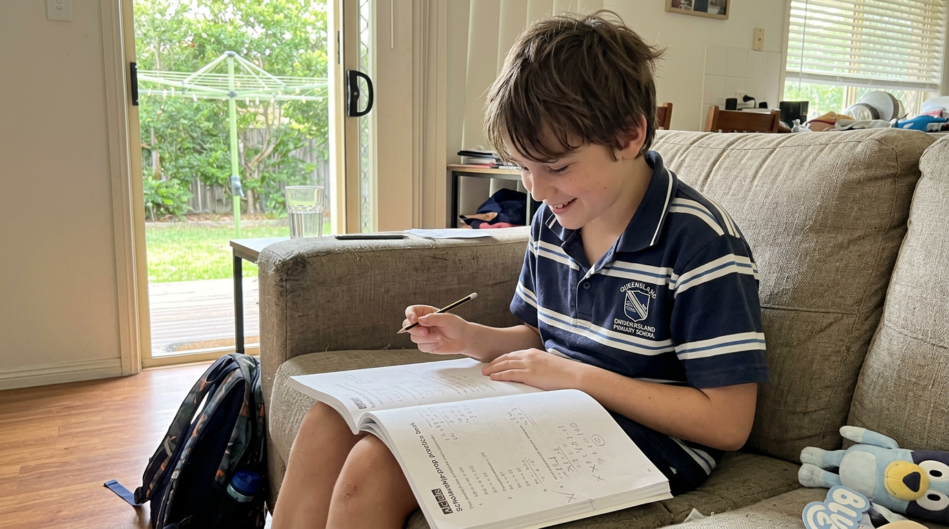 Year 6 Brisbane student working through an ACER scholarship practice book at home, a small private smile of a problem clicking