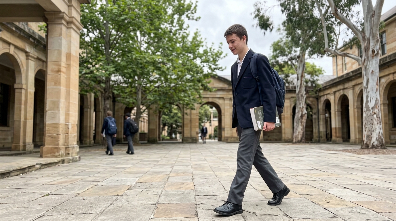 A Sydney private-school student in school uniform walking through a sandstone courtyard between classes.