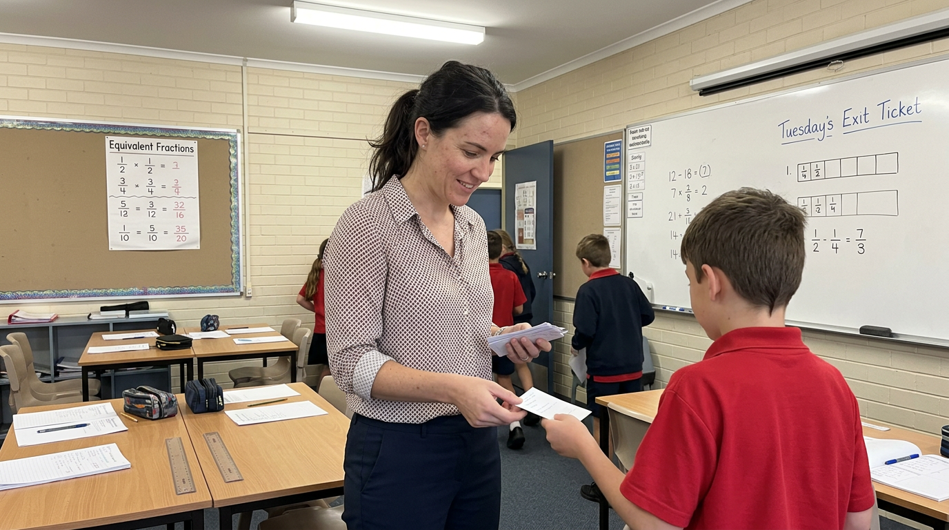 A math teacher collecting exit-ticket slips from an elementary student at the end of a lesson