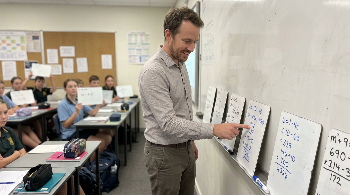 A math teacher reviewing student responses on mini-whiteboards mid-lesson at the front of a classroom