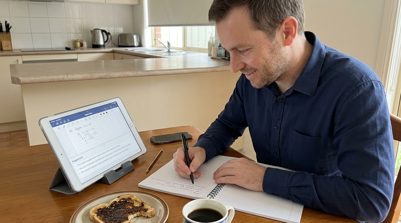 A high-school maths teacher refining an AI-suggested feedback comment in his notebook before sending it to a student