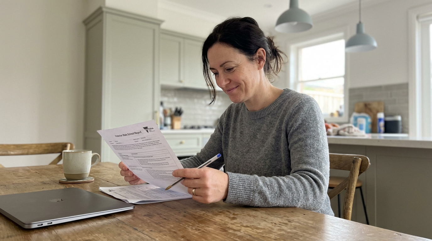Melbourne parent at a suburban kitchen table reviewing a printed Victorian state-school report with a pen, comparing schools at home in the evening