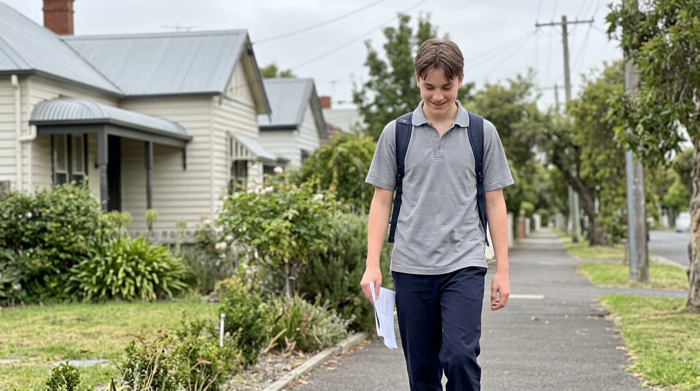Year 9 Melbourne public-school student in plain school polo walking home along a tree-lined suburban footpath in late-afternoon overcast light