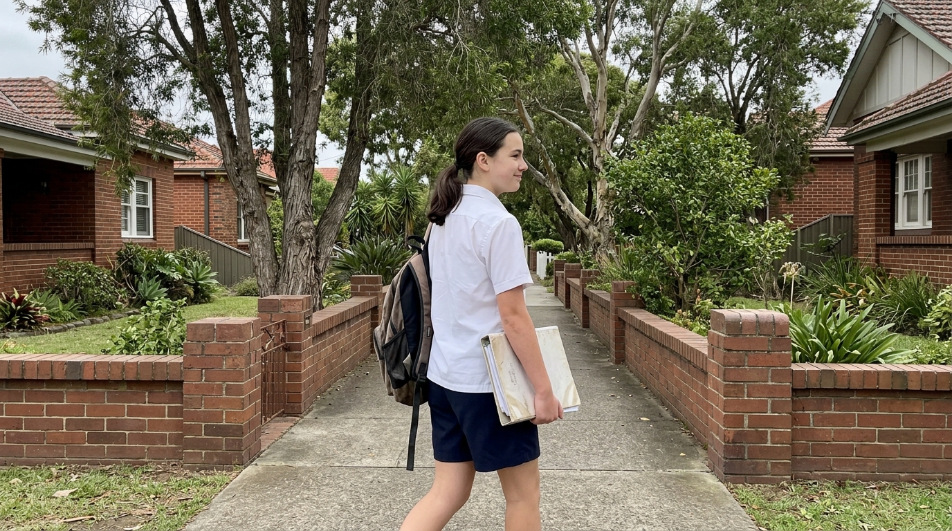 Sydney secondary student in a generic state-school uniform walking along a leafy suburban path on a weekday morning.
