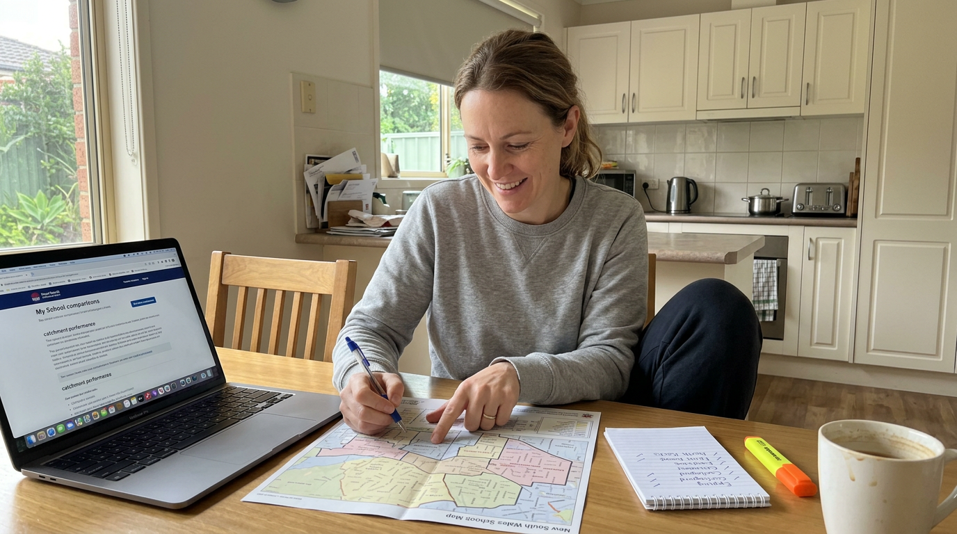 Sydney parent at a kitchen table reviewing a printed NSW school zoning map alongside an open laptop showing a school comparison page.