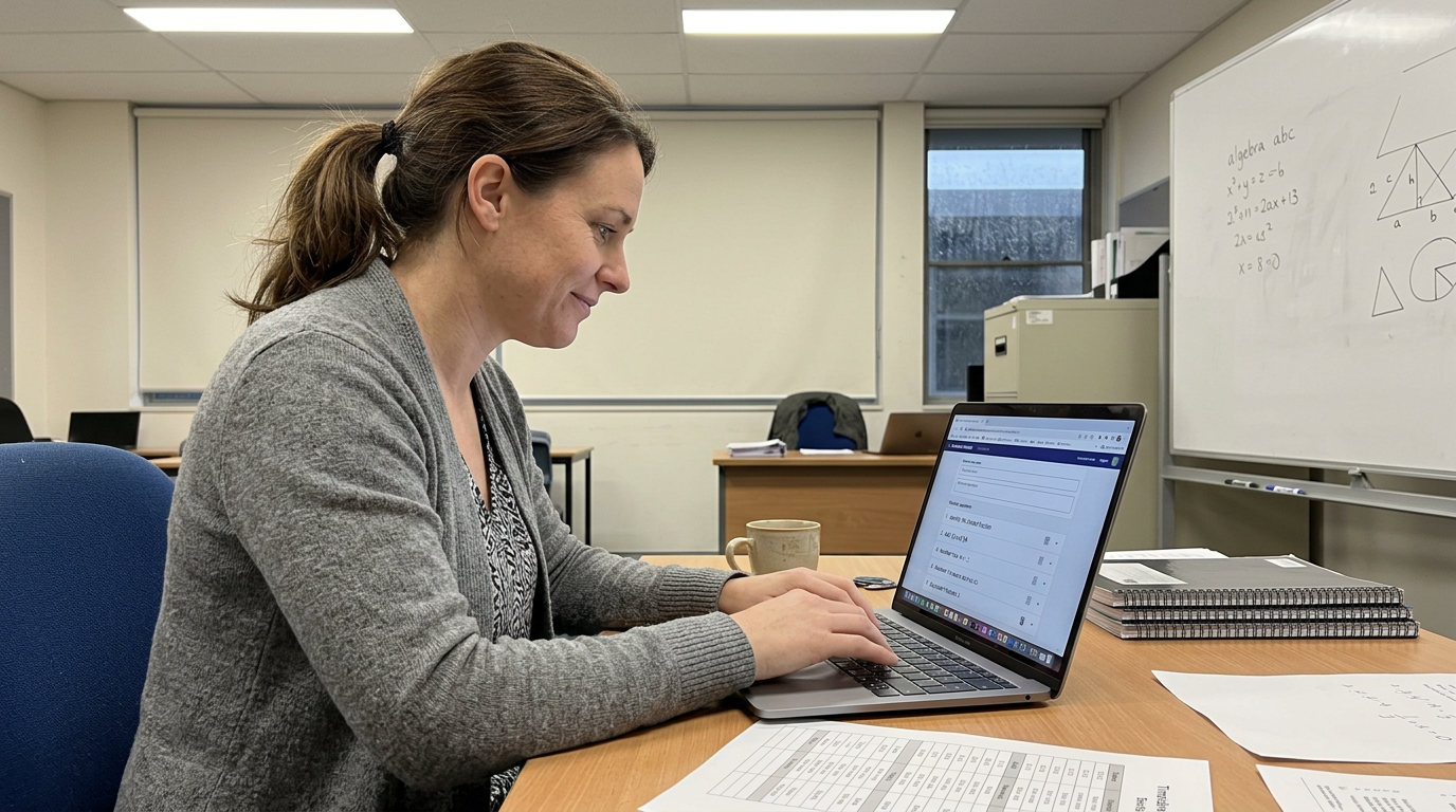 Maths teacher generating a differentiated worksheet on a laptop using an AI prompt.