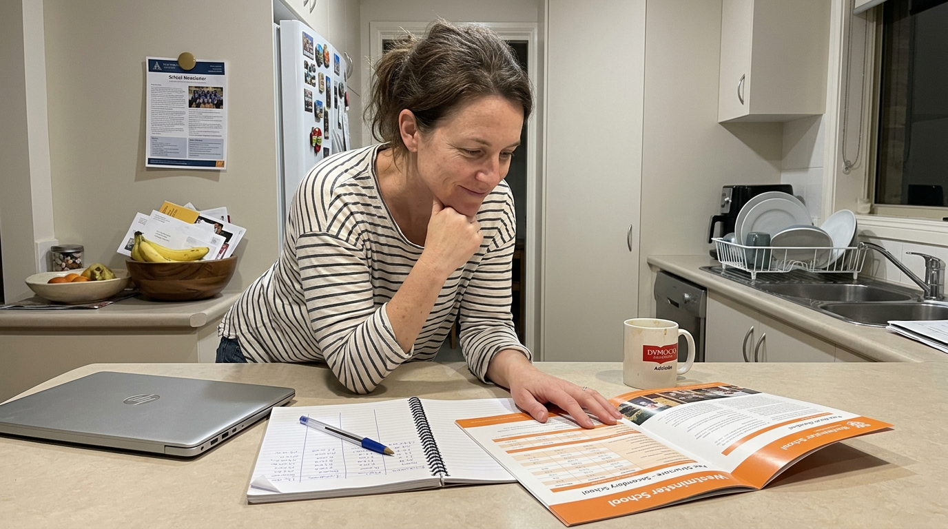Adelaide parent at suburban kitchen bench reviewing private-school fees prospectus