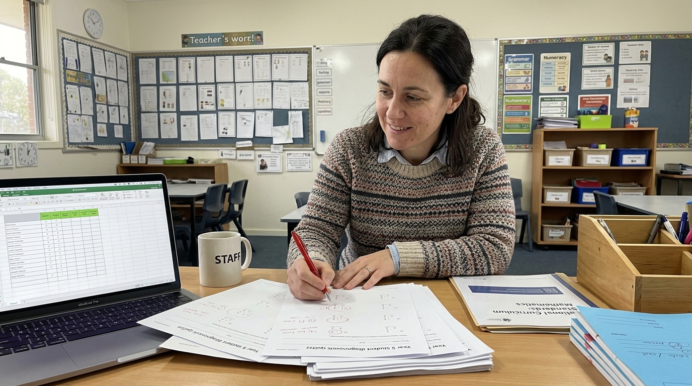 A teacher reviews a stack of student diagnostic quizzes after school, circling a recurring place-value error pattern in red pen alongside an open laptop spreadsheet