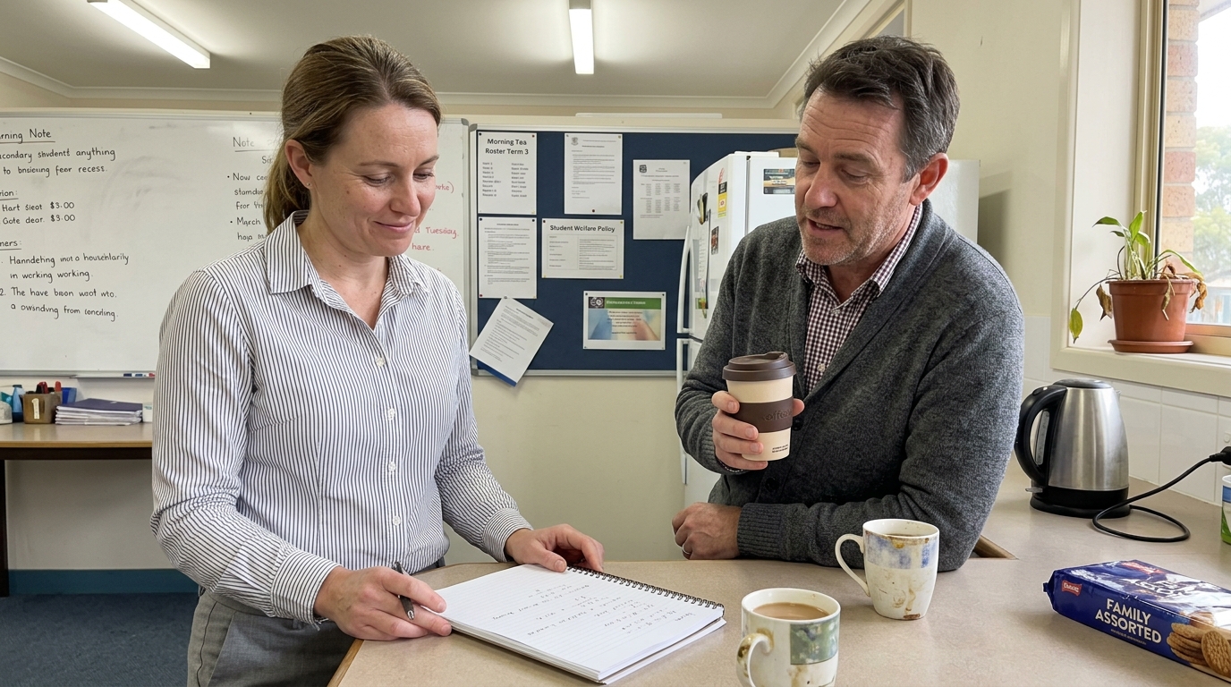 Two Australian secondary school teachers chatting at the staffroom kitchenette over coffee, one holding an open notebook with algebra working, the other gesturing while explaining