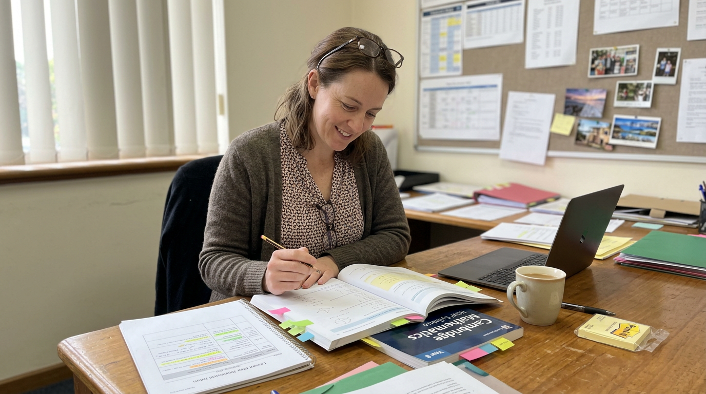 Out-of-field secondary teacher reviewing a Year 8 maths textbook at their staffroom desk before class, mug of tea beside the open page