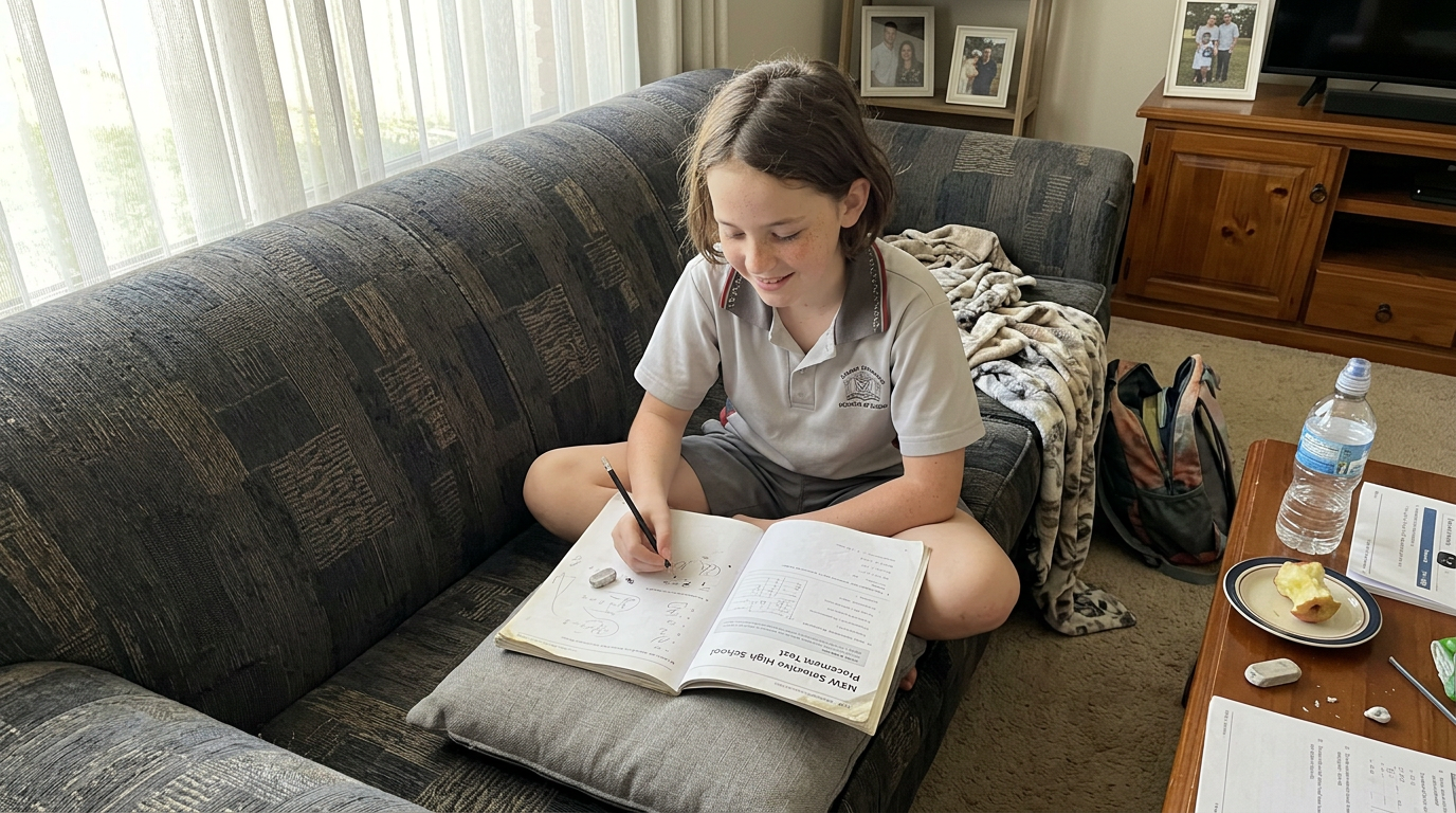 Year 6 student working through an NSW Selective High School Placement Test practice workbook on the couch at home