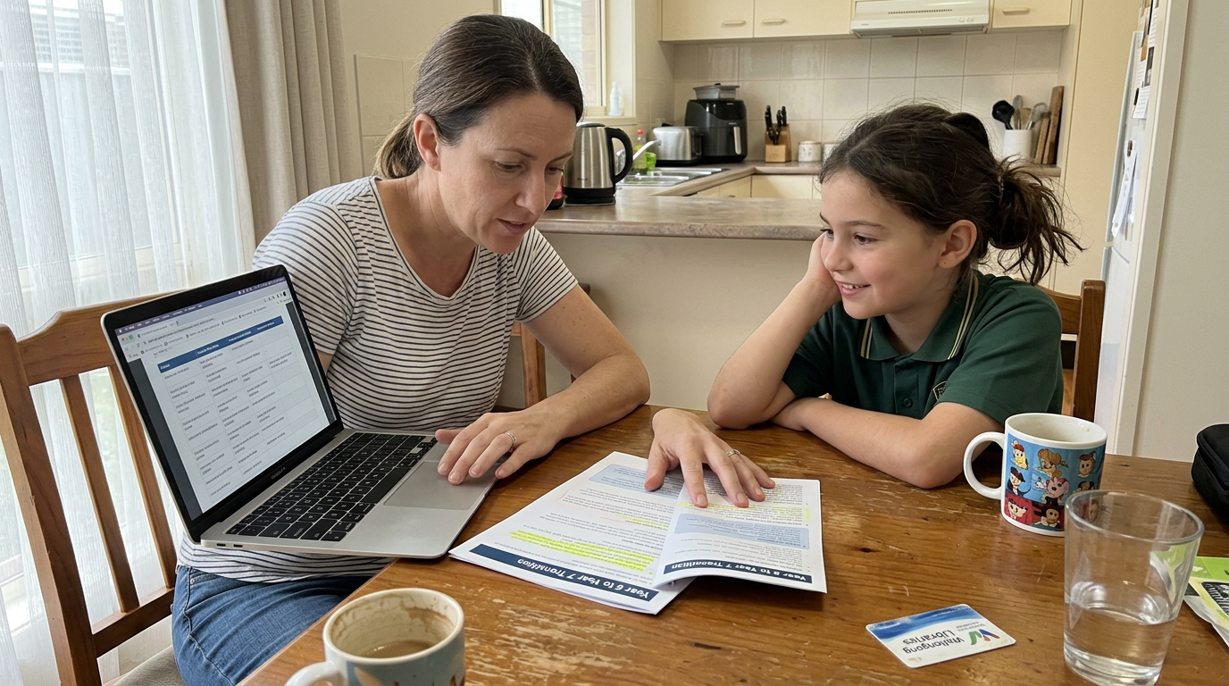 Wollongong parent and Year 6 child compare NSW public school options on a laptop at the dining table