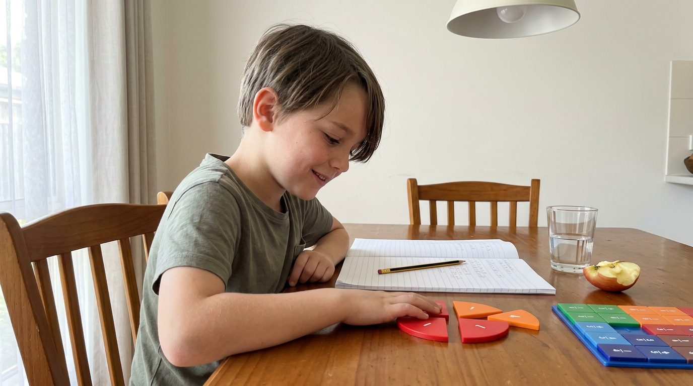 An elementary-aged student arranging colorful fraction tiles on a kitchen table at home, comparing two halves to a quarter.