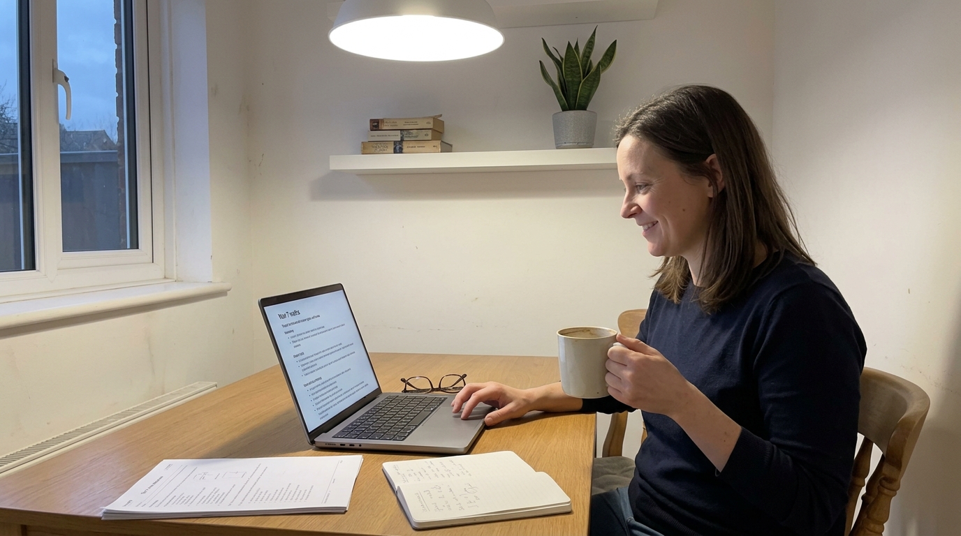 A math teacher reviews an AI-generated lesson plan at home on a weekday evening, with a half-finished coffee on the table.