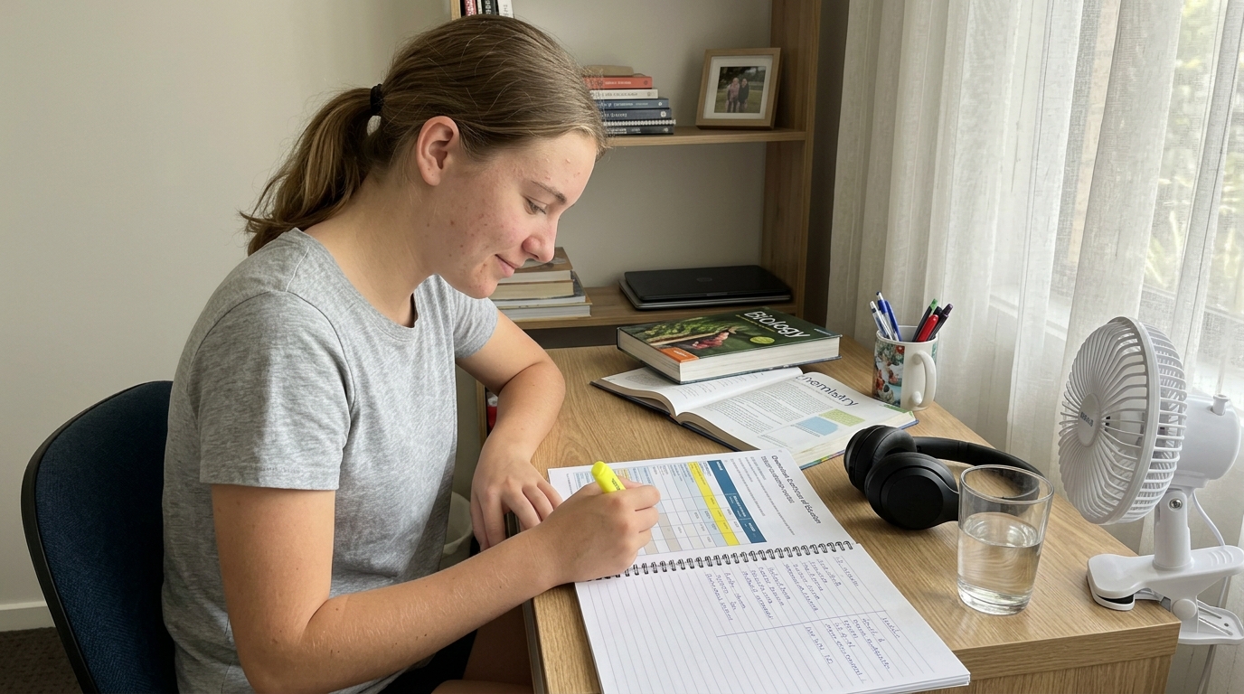 Year 11 Sunshine Coast student at home desk highlighting subjects in a printed QCE subject-selection booklet