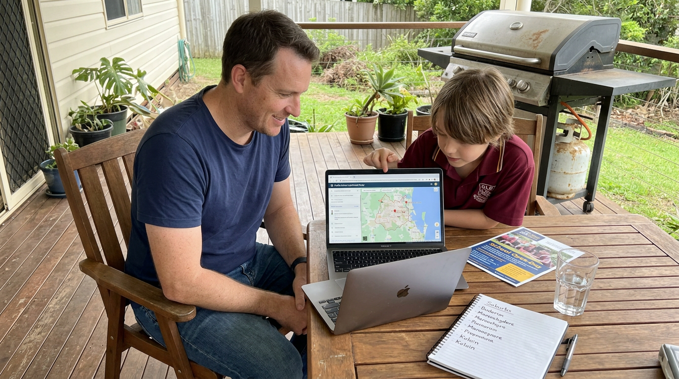 Sunshine Coast parent and primary-aged child checking the Queensland public-school catchment finder on a shared laptop on a back deck