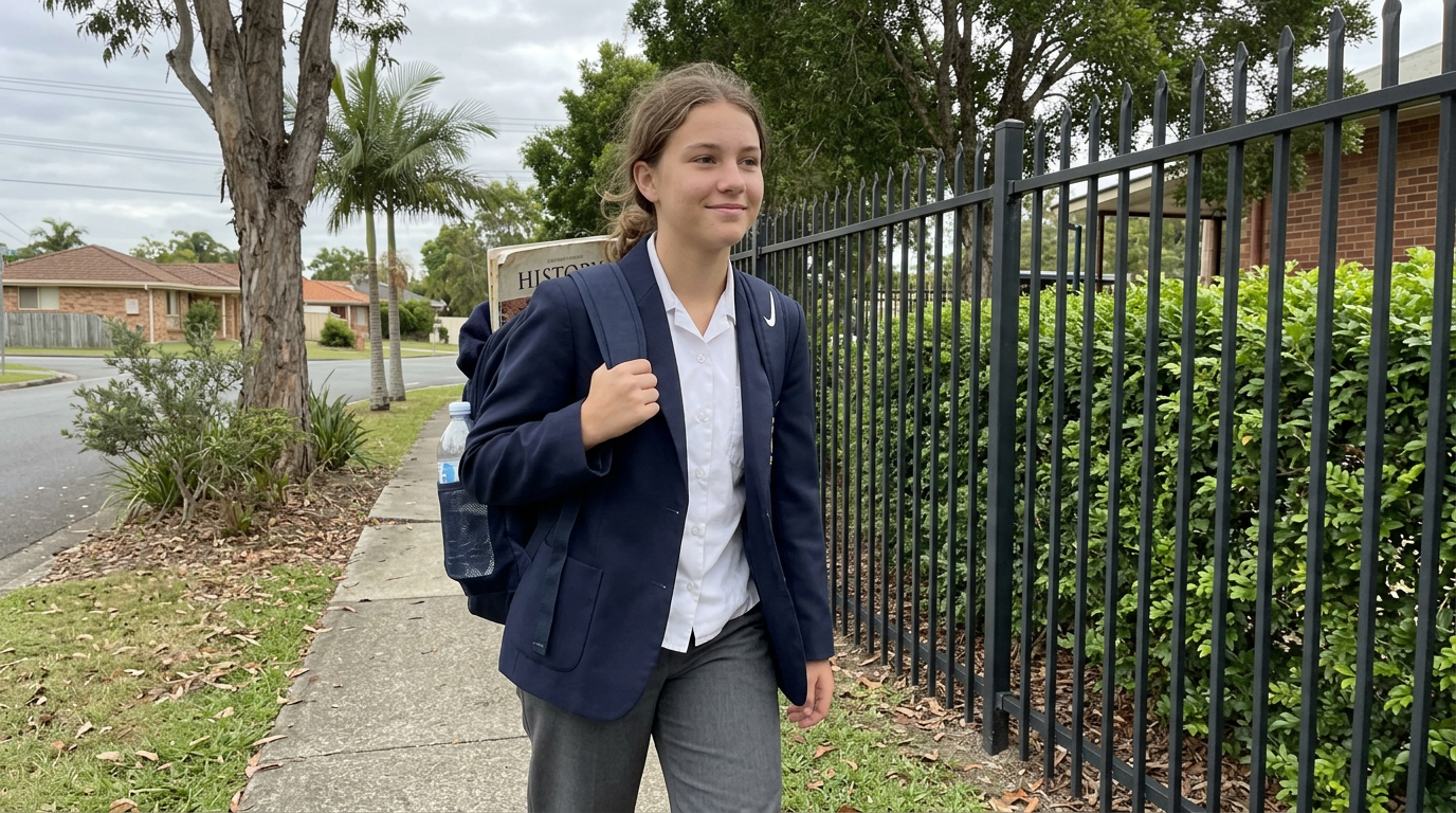 A Sunshine Coast high school student in a generic private-school uniform walking home along a suburban footpath past a school fence
