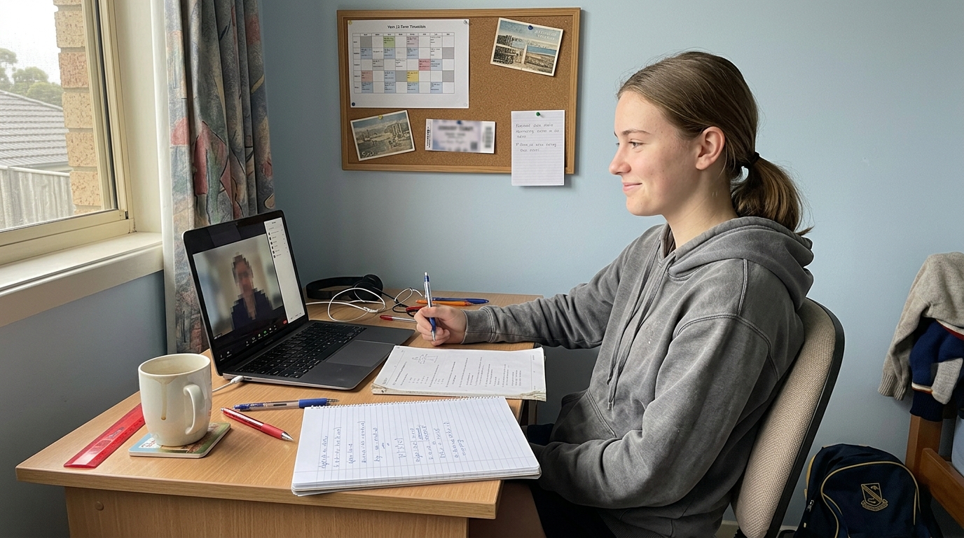 Year 11 Australian student at a small bedroom desk on a Saturday morning during an online tutoring session, looking at the laptop screen with a quiet private smile after a maths concept finally clicks