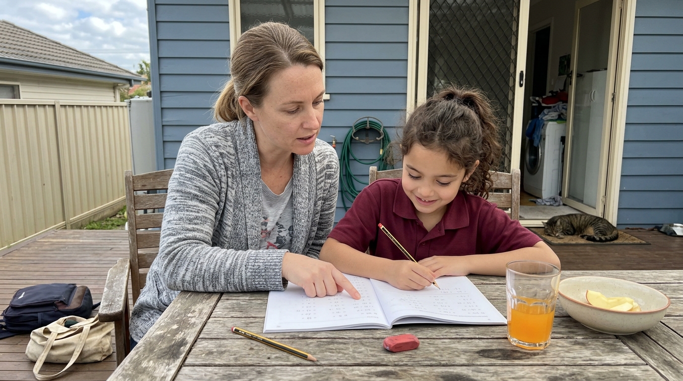 Australian mother and her primary-school daughter sitting together at a back-deck patio table working through a maths workbook on a weekday late afternoon, daughter showing a small private smile after finishing a sum