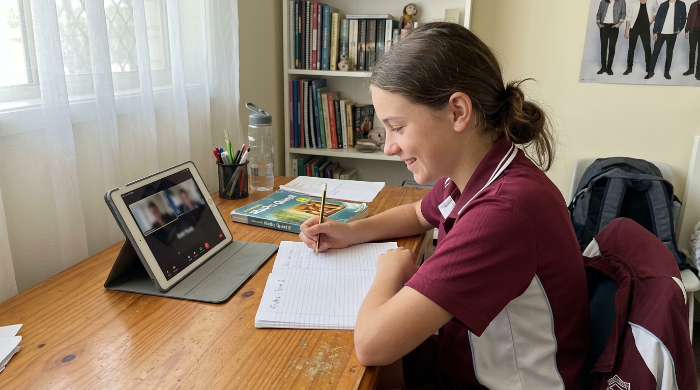 A Gold Coast Year 8 student working at a small bedroom desk with an iPad open to a Tutero session and an exercise book in front of them